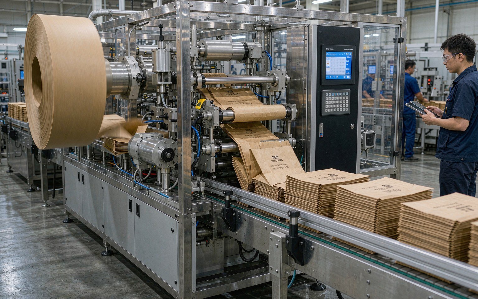 Fully automatic square bottom paper bag making machine running kraft paper in a modern factory, with finished paper bags stacked on the output conveyor
