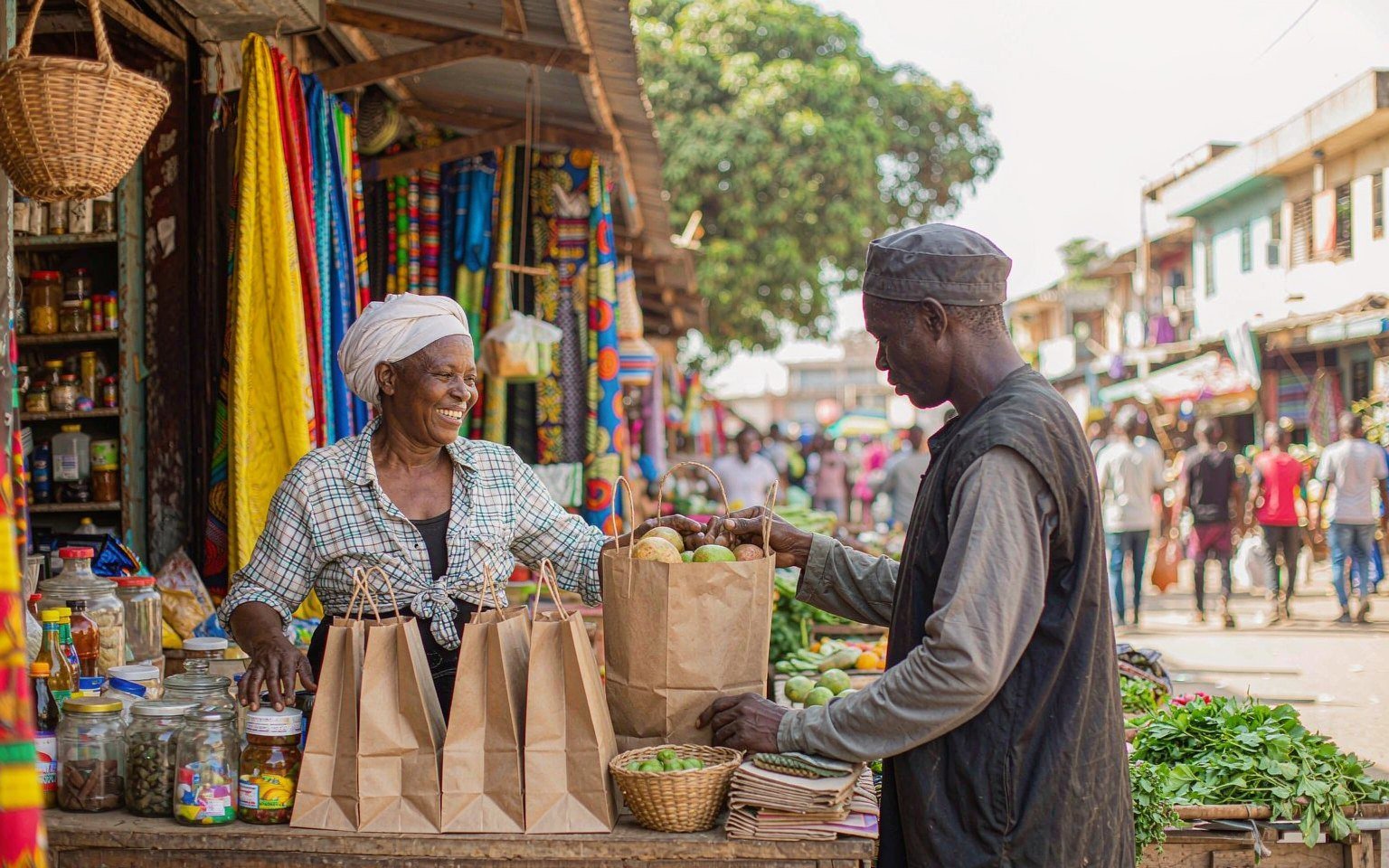 West African market trader handing a customer a kraft paper shopping bag with paper handles instead of a plastic bag